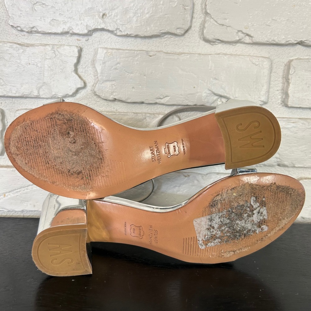 Stuart Weitzman Silver Metallic Block Heel Sandals Women's Size 7 - Picture 7 of 7